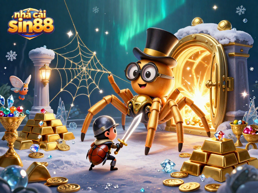 Engage with nhà cái sin88 in a vibrant casino scene featuring a golden tarantula and knight on a treasure quest.