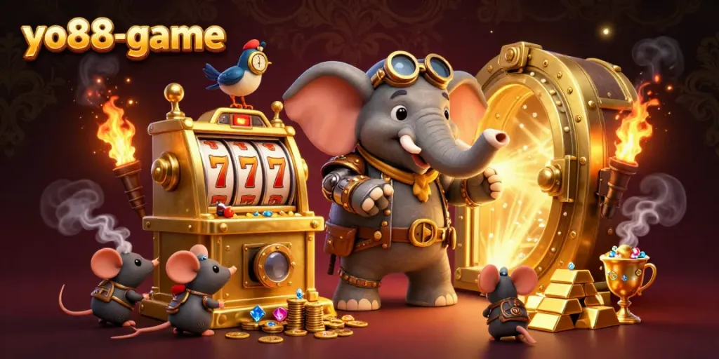 Experience excitement with yo88-game as the steampunk elephant spins the slot machine amidst treasures.