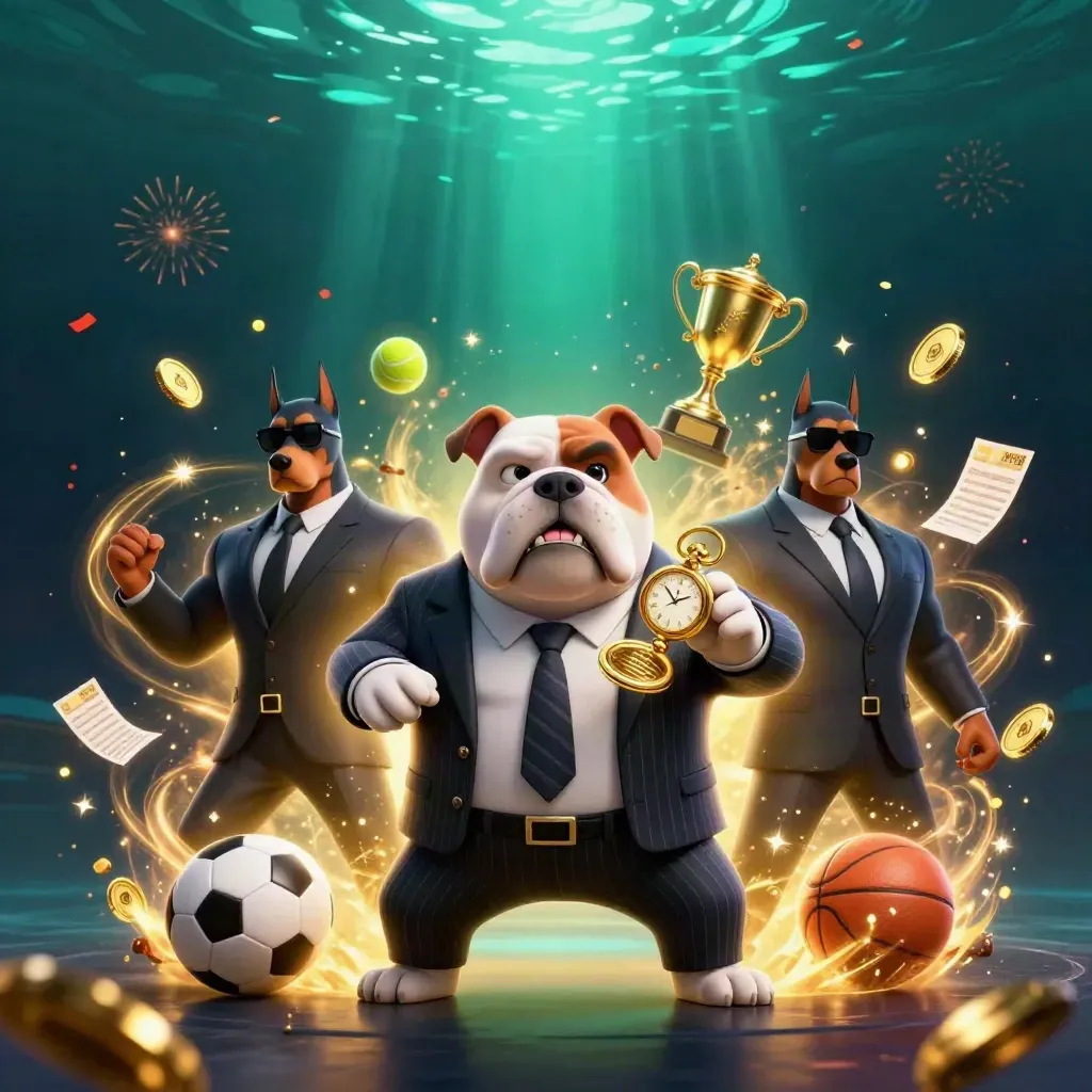 Bulldog boss and Doberman guards amid gold coins, sports balls, trophy, and glowing casino energy.