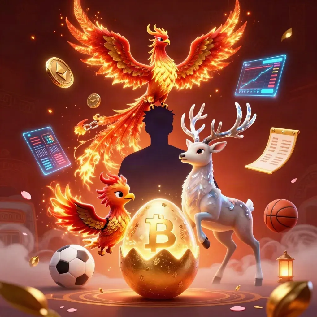 Phoenix, hatching egg, and crystal stag amid coins, lightning, embers, and sports props.