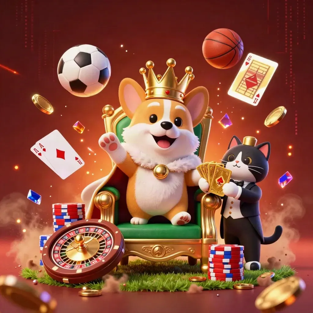Royal corgi and cat butler amid flying sports balls, chips, coins, and neon casino energy.