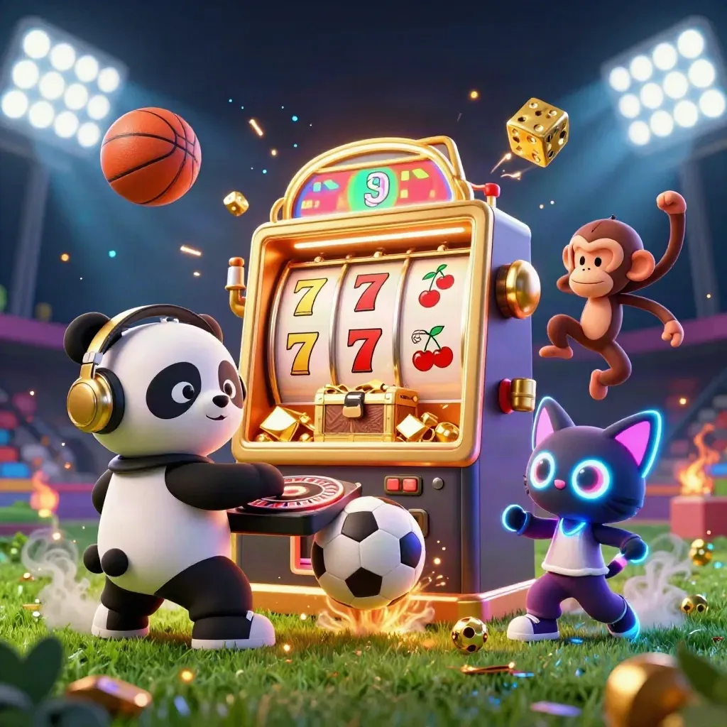 Low-angle casino sports mashup with cartoon animals, exploding slot machine, balls, gold, and neon haze