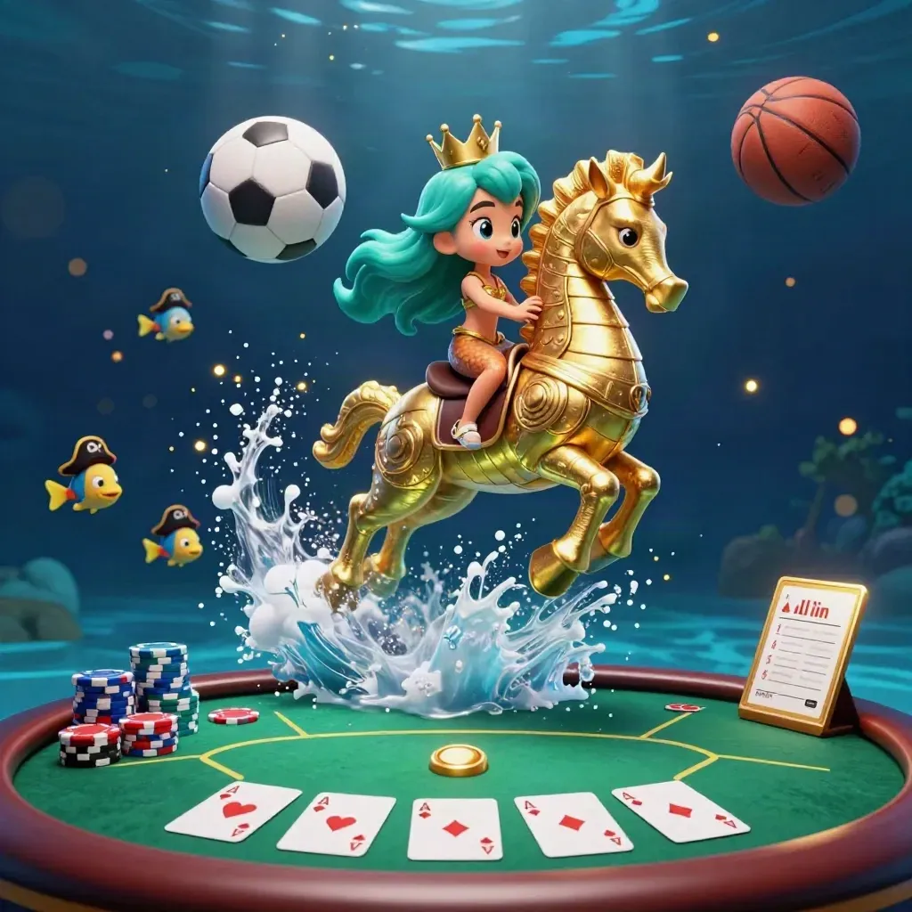 Mermaid princess on a seahorse amid casino chips, cards, and balls in glowing underwater motion.