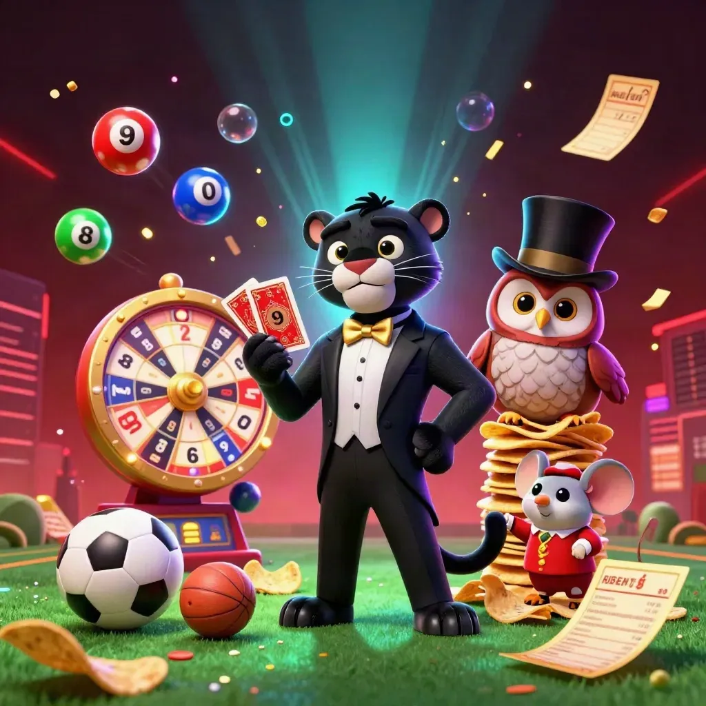 Panther, owl, and mouse amid flying chips, lottery balls, sports balls, and neon casino glow.