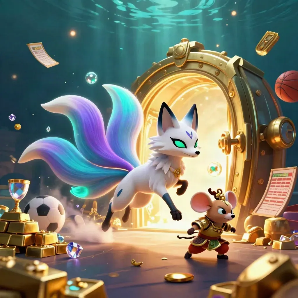 Neon fox spirit and armored mouse amid a bursting treasure vault, gold, gems, and sports balls.