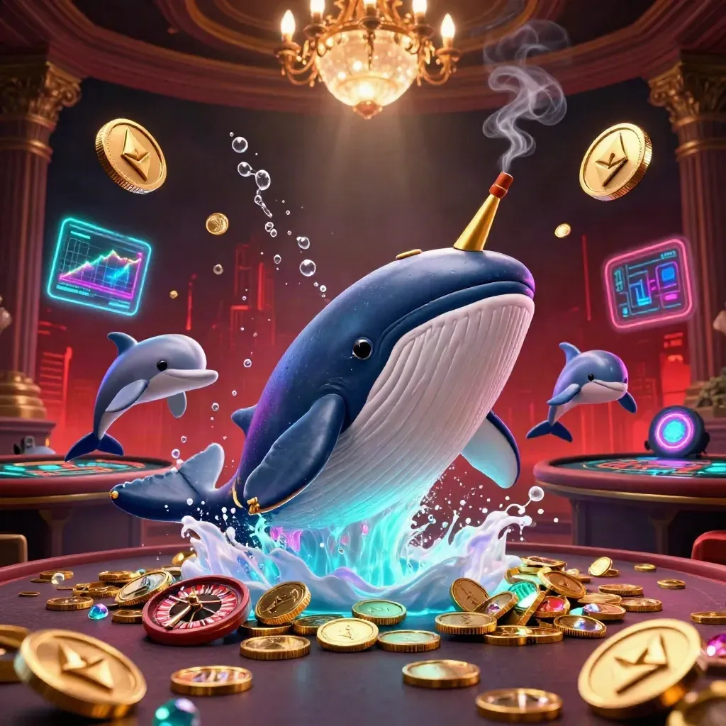 Whale captain, narwhal, and dolphins in a neon coin sea with casino luxury glow.