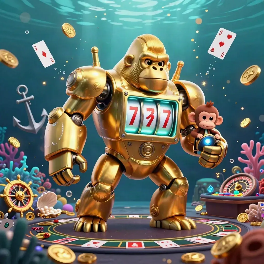 Golden gorilla mech with monkey pilot in an underwater casino treasure cove.