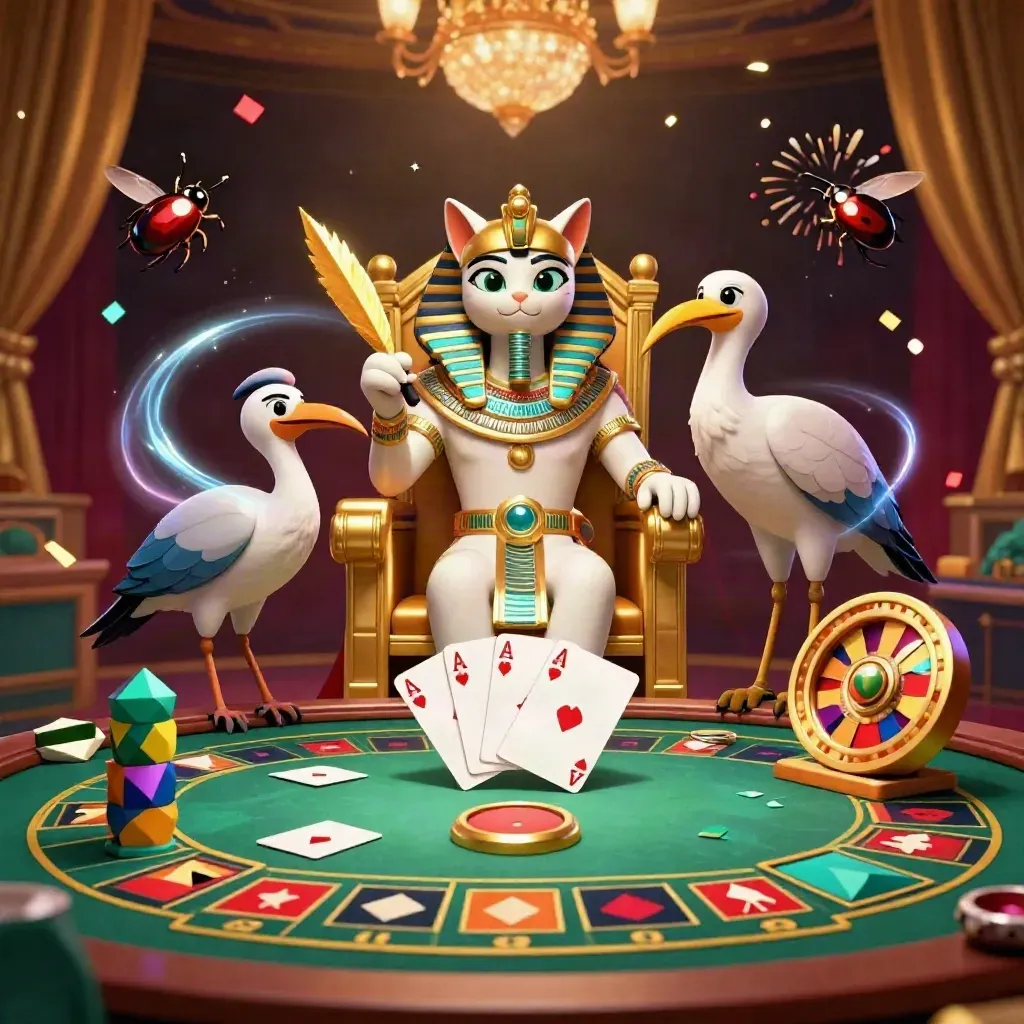 Pharaoh cat, ibis scribe, and gem-wing scarabs amid luxe casino props and glowing lights.