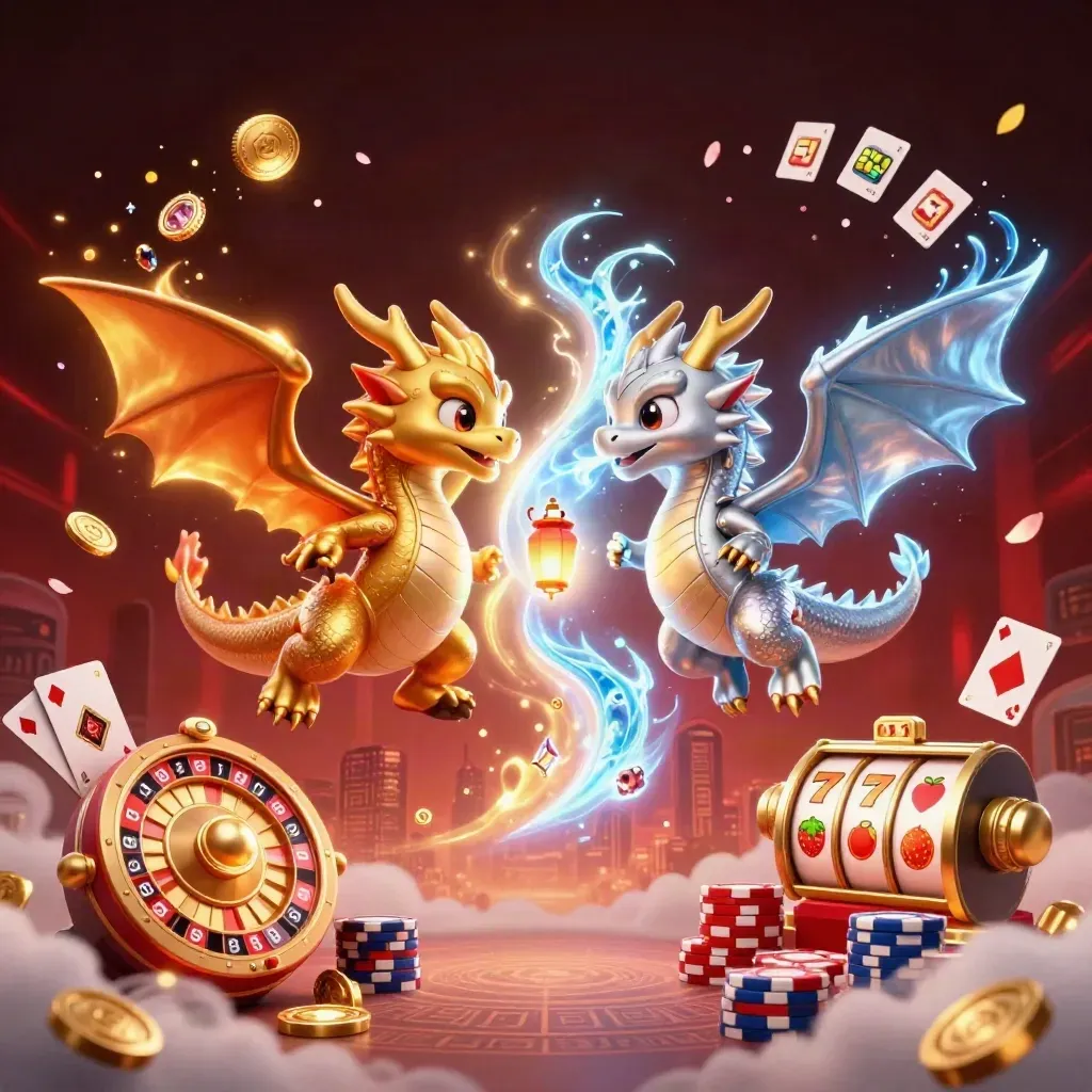Twin gold and silver dragons swirl in fire and ice with casino riches exploding around them