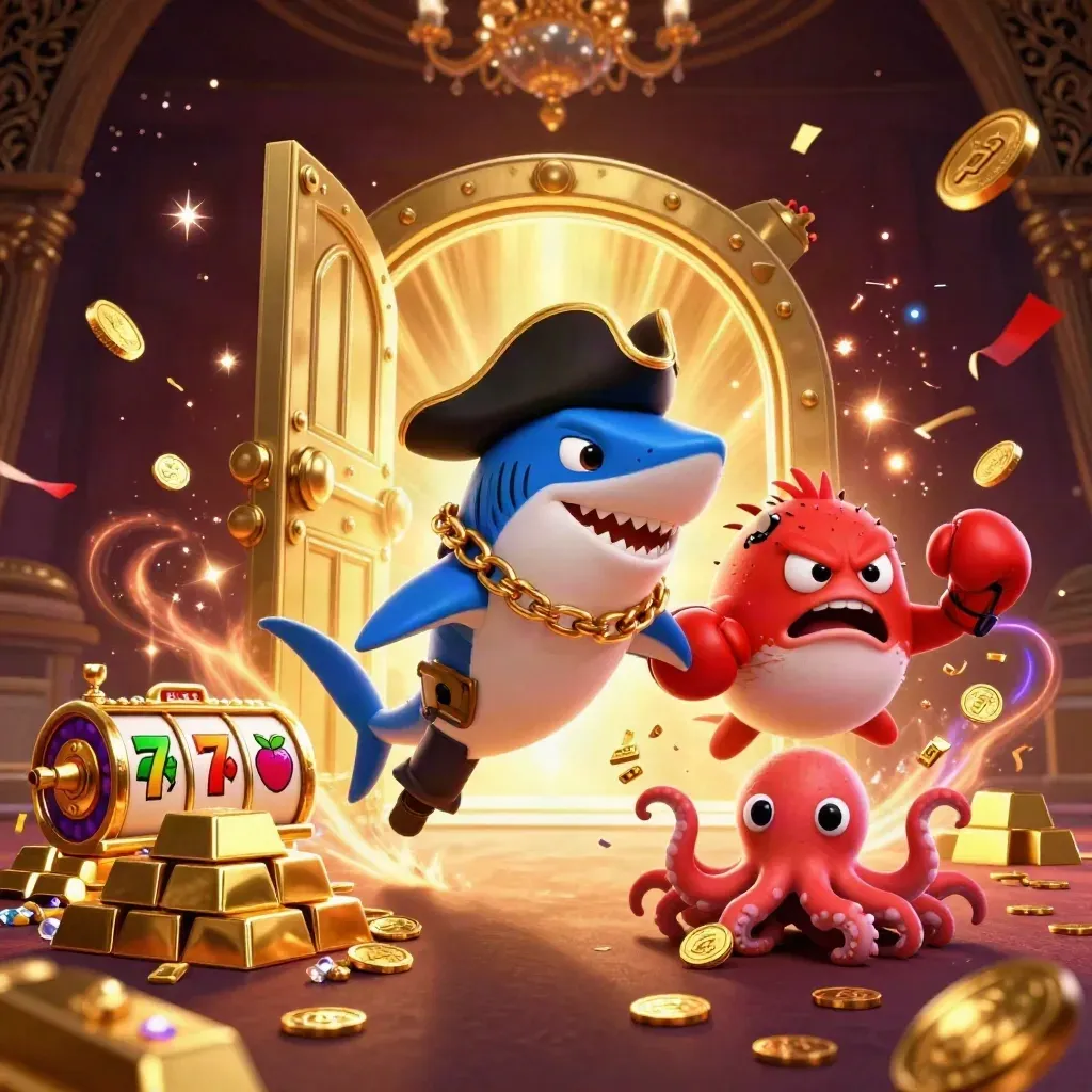 Shark pirate, boxing pufferfish, and coin-juggling octopus amid vault gold, gems, and casino glow.