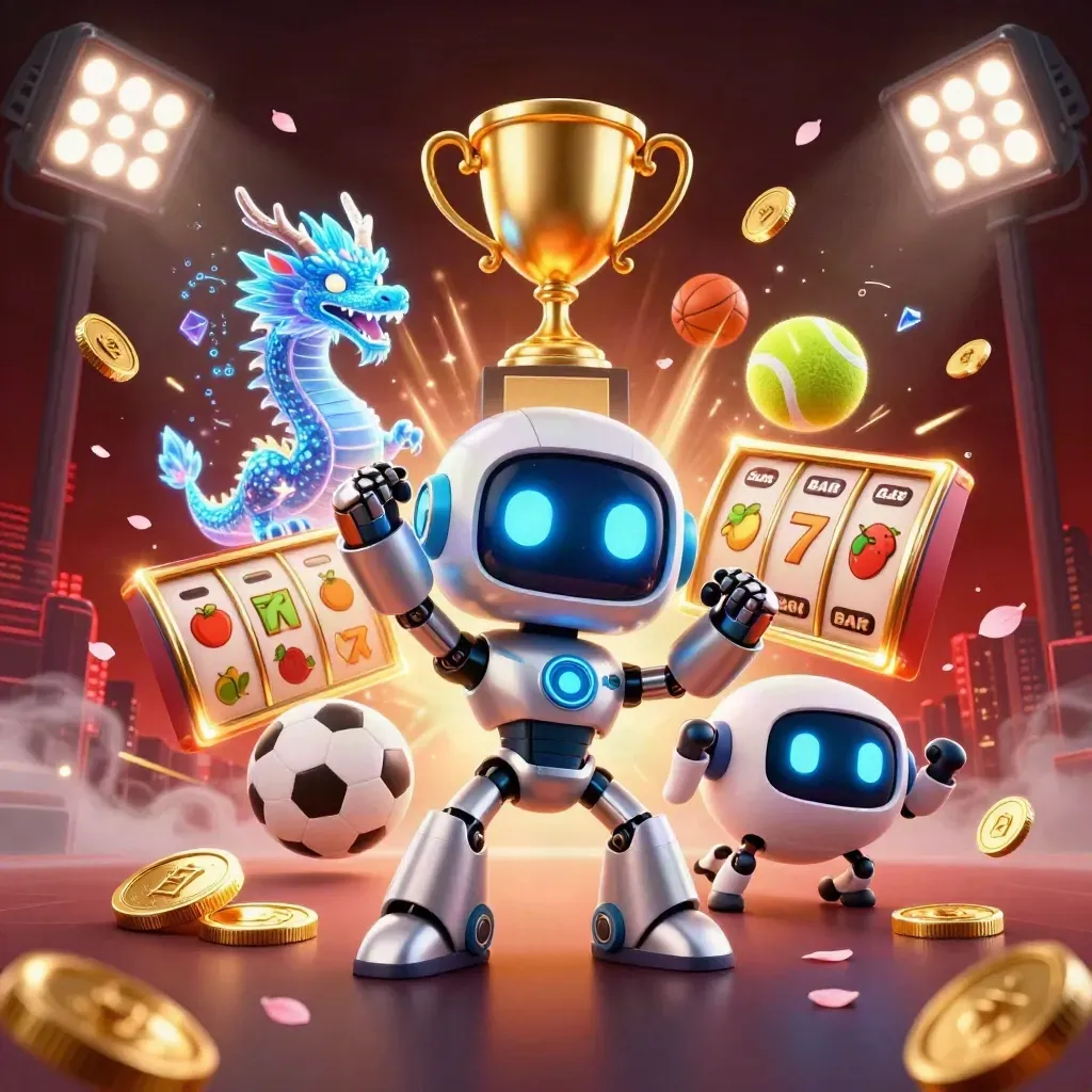 Cyberpunk robot, holographic dragon, and coin drone amid casino gold, balls, reels, and neon lights.
