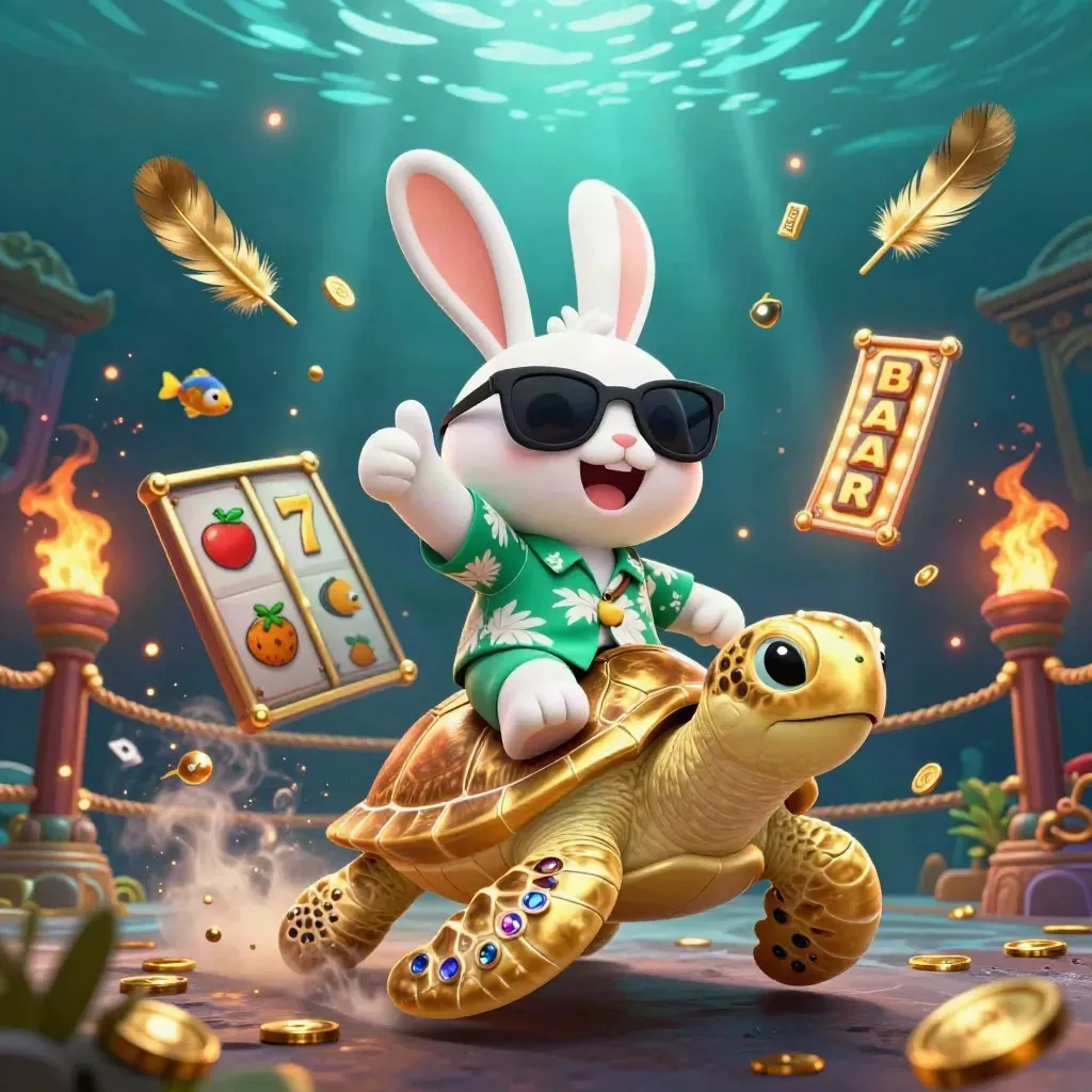 Lucky rabbit rides a jeweled sea turtle with casino debris and tropical fish in a glowing underwater scene.