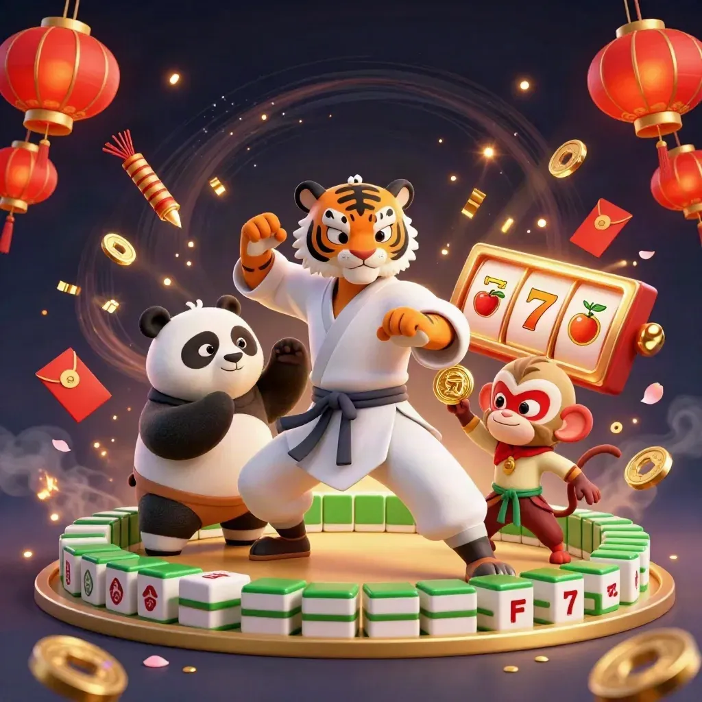Tiger, panda, and monkey kung-fu heroes amid gold coins, lanterns, and casino sparks.