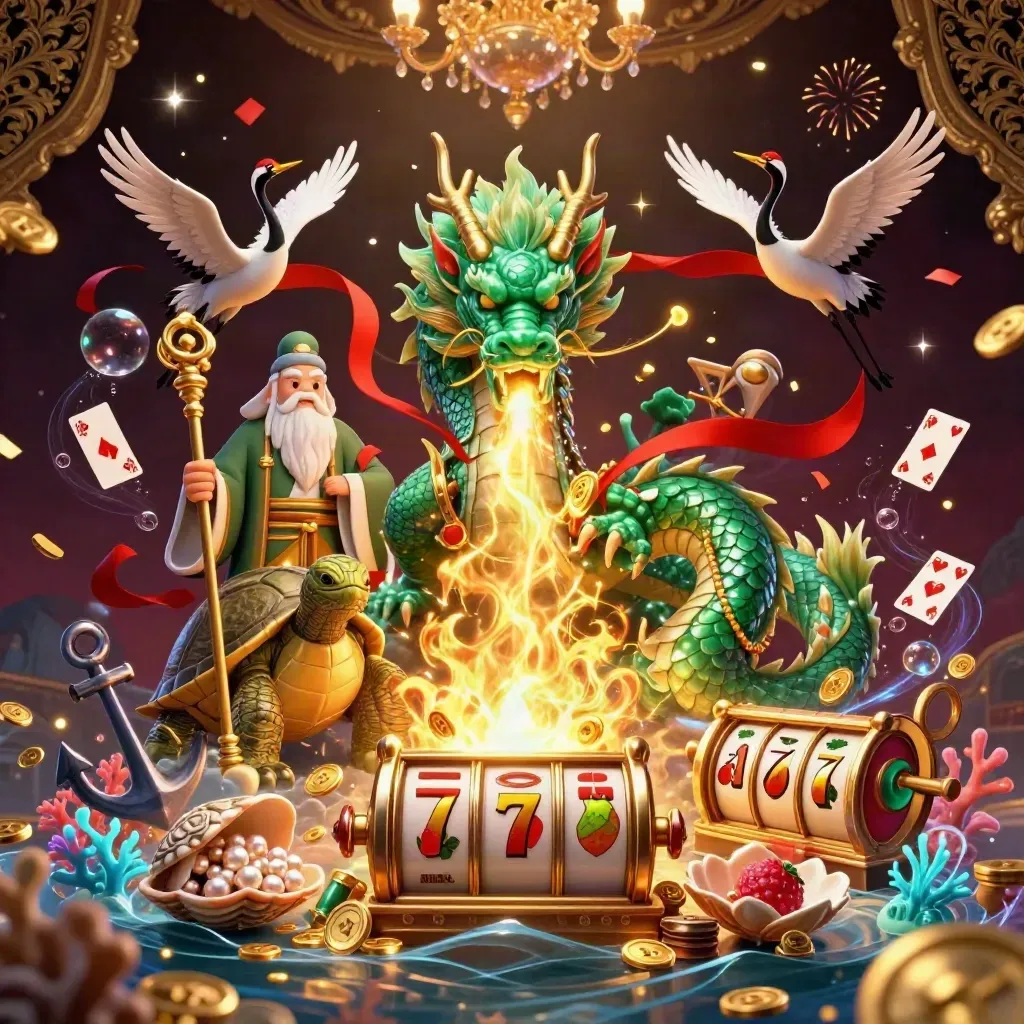 Emerald dragon, turtle sage, and cranes amid gold treasure, casino glow, and fireworks.