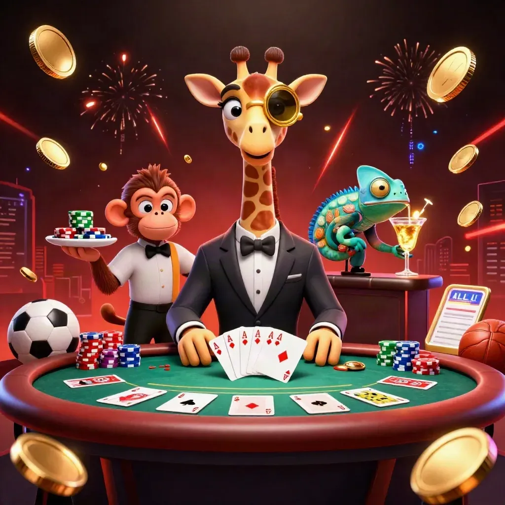 Giraffe high-roller, monkey valet, and chameleon bartender amid exploding gold coins and casino gear.