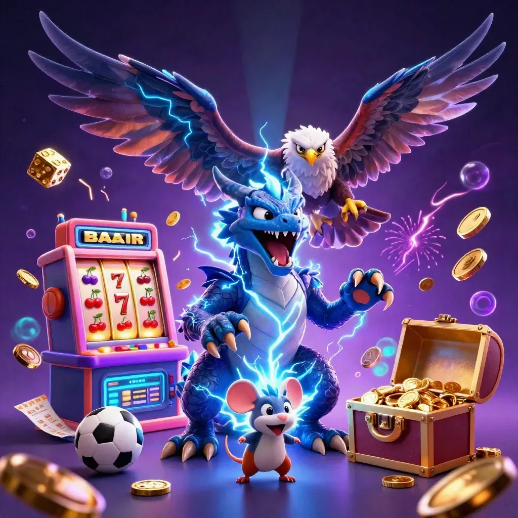 Thunder dragon, hawk, and mouse erupting with coins, slot symbols, and jackpot energy