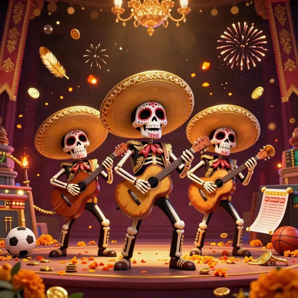 Skeleton mariachi trio celebrating amid coins, fireworks, temple gate, and casino glow