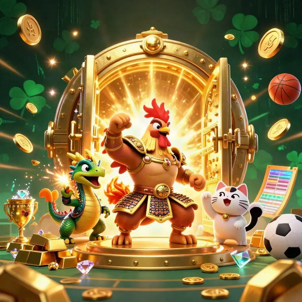Rooster warrior, dragon hatchling, and fortune cat burst from a vault with gold, gems, and neon casino glow.