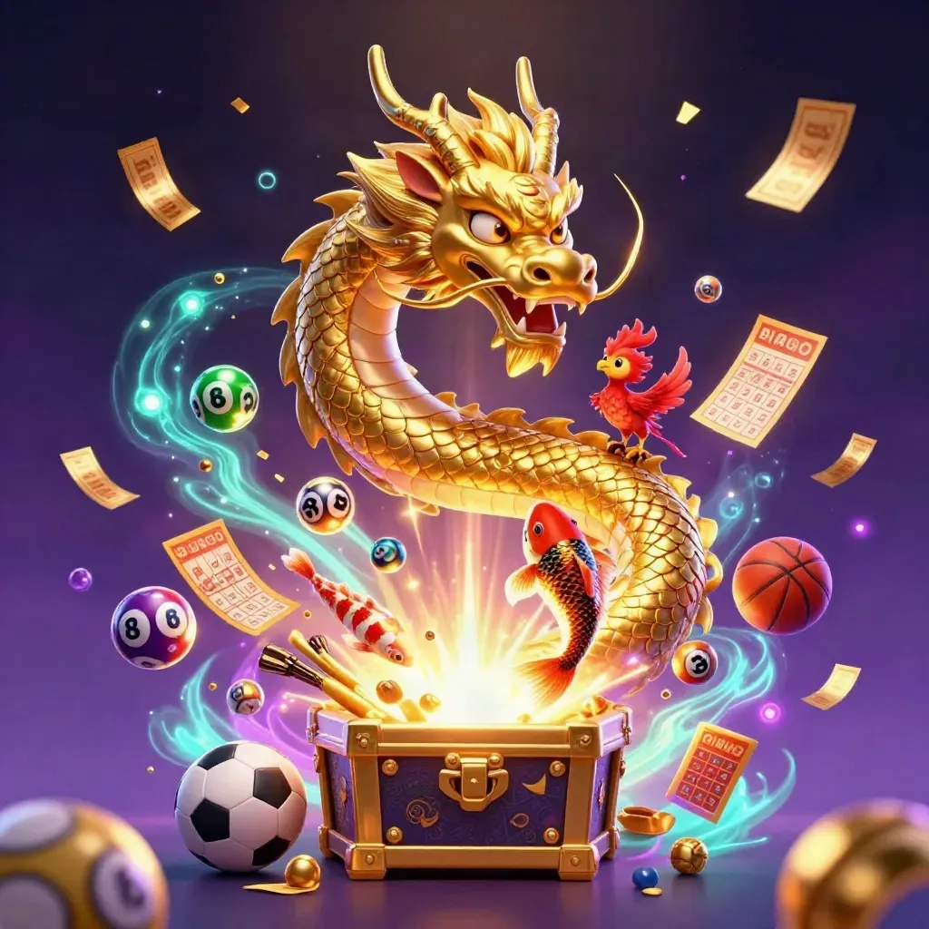 Golden dragon with phoenix, koi, coins, lottery balls, prize wheel, and casino glow
