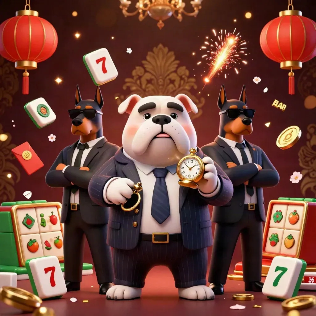 Bulldog casino boss with Doberman guards amid gold lanterns, jade coins and slot reels