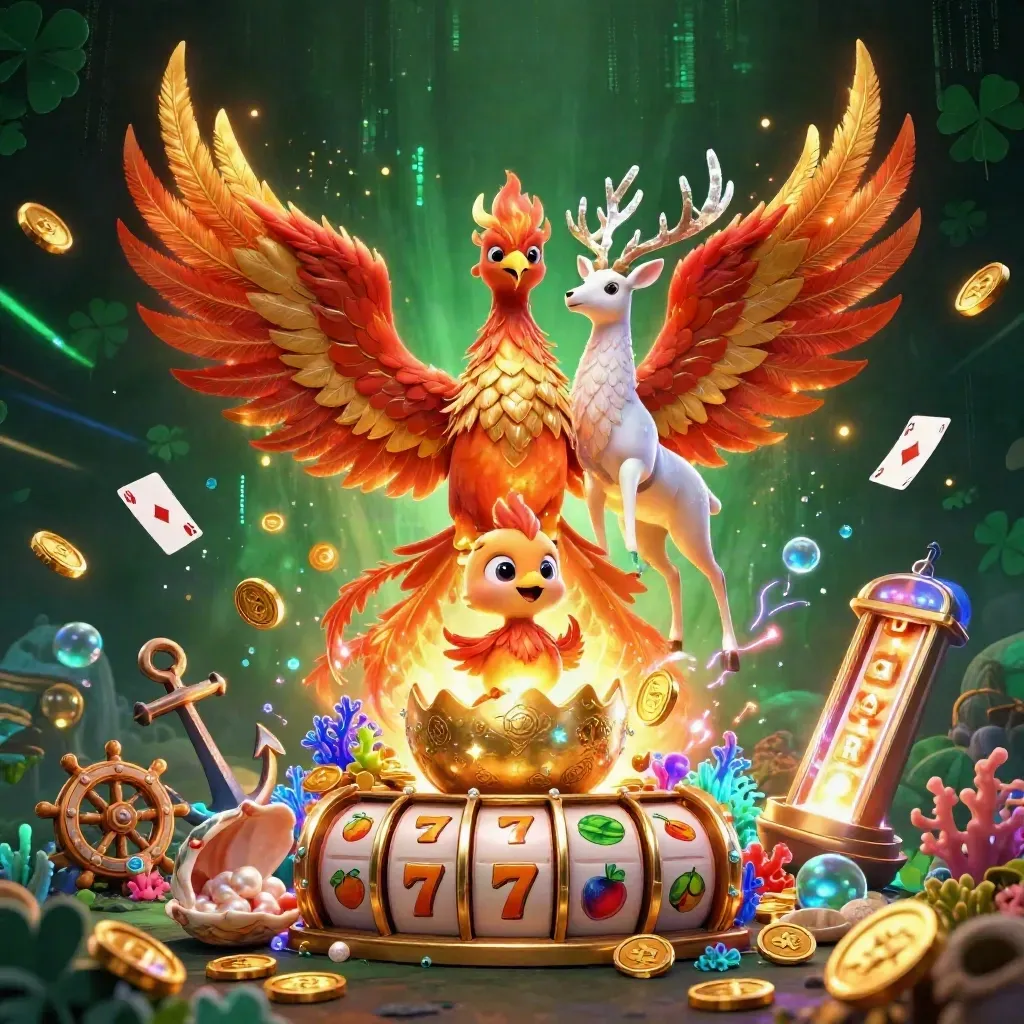 Fire phoenix, crystal stag, and baby phoenix amid coins, coral, cards, and neon casino glow.
