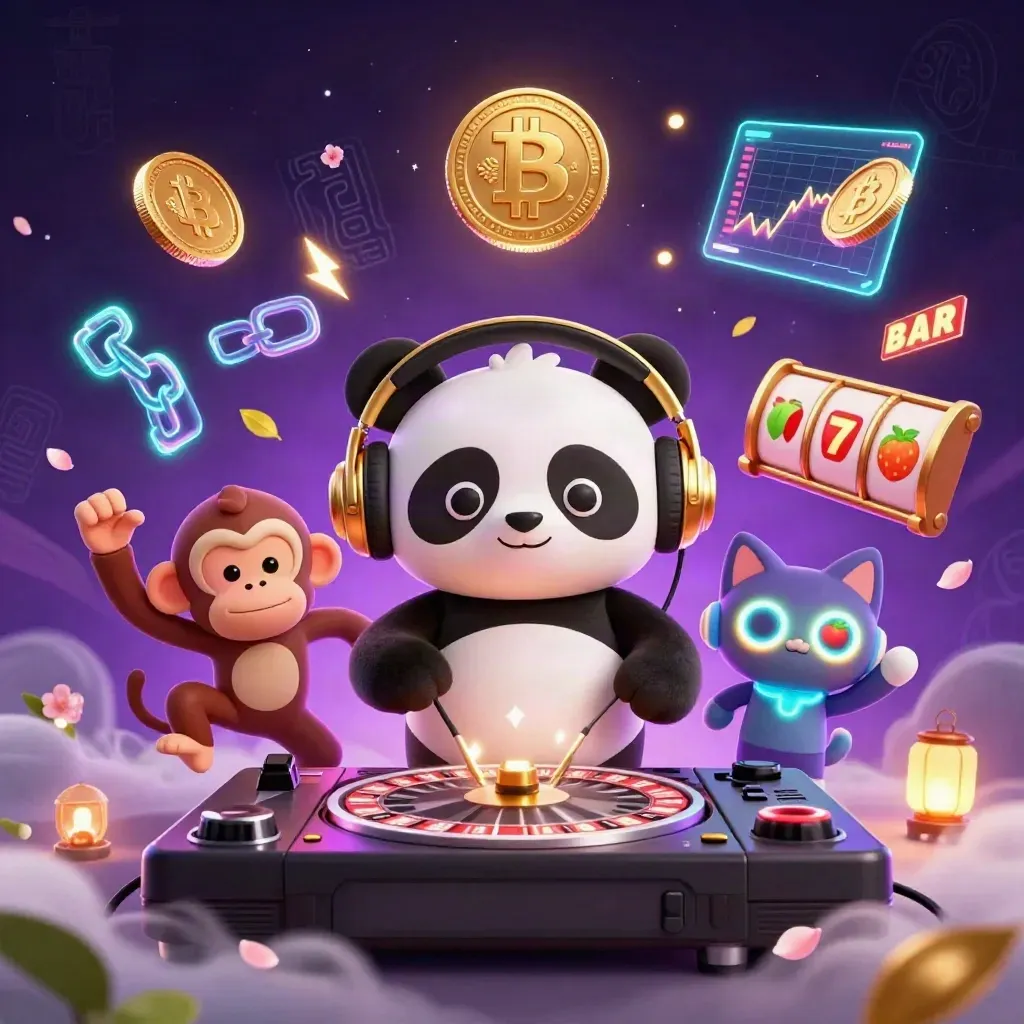 DJ panda, monkey, and rave kitten amid neon coins, slot reels, lightning, petals, and purple fog.