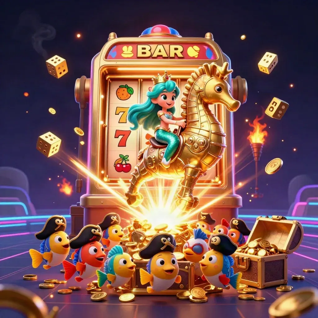 Mermaid princess rides an armored seahorse amid exploding slot symbols and gold on a dark neon casino backdrop.