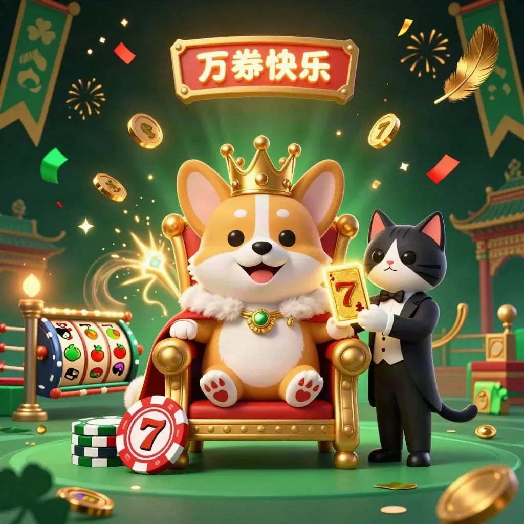 Crowned corgi and cat butler amid chips, reels, coins, fireworks, and a temple gate