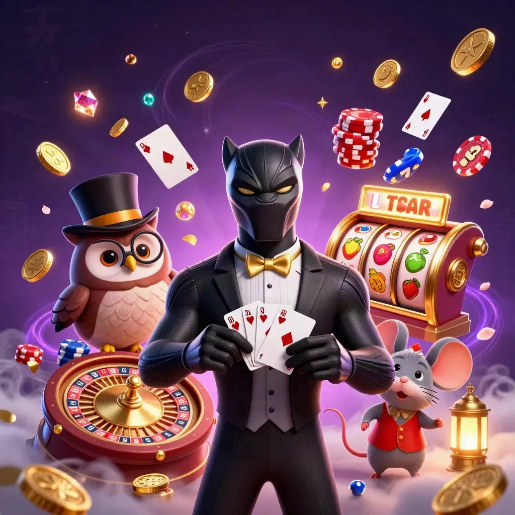 Panther, owl, and mouse in a luxe casino burst with coins, chips, reels, cards, and glowing magic.