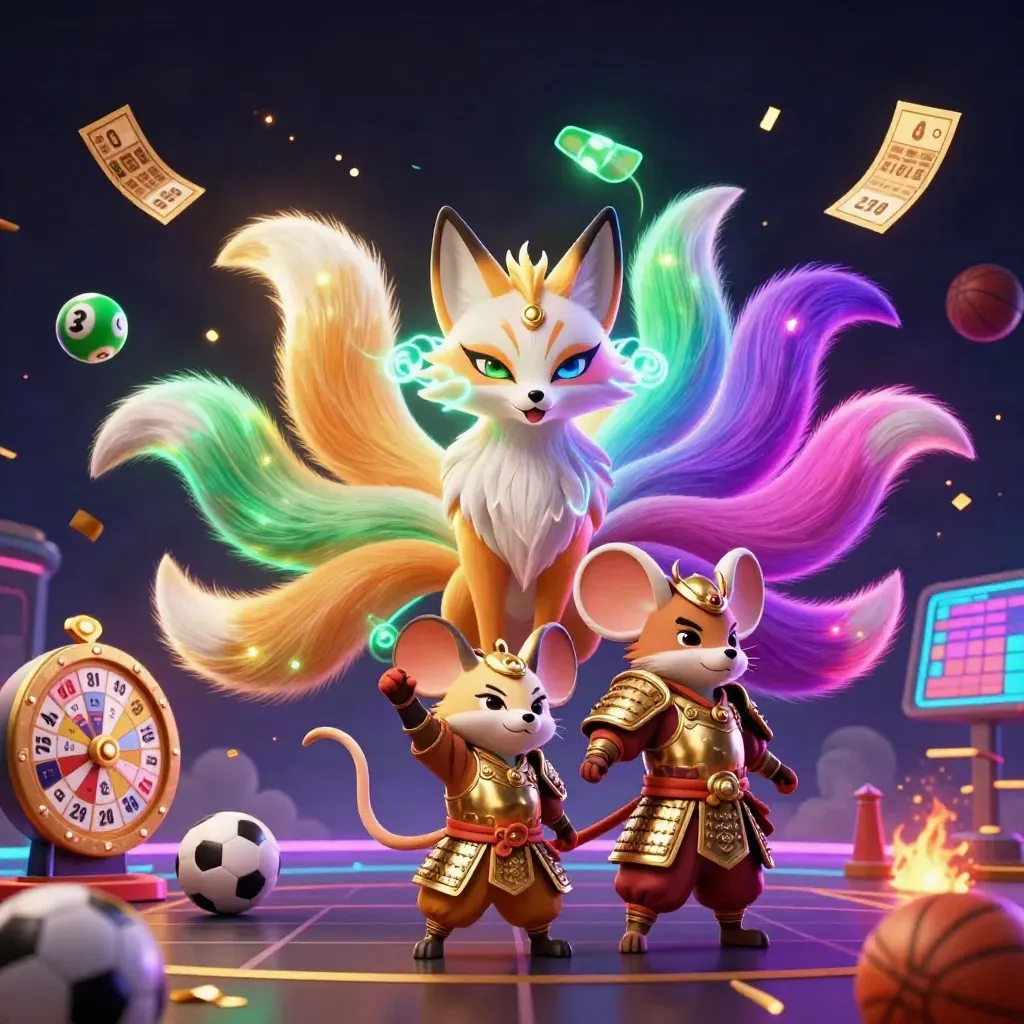 Neon fox spirit and samurai mouse amid casino and sports luck symbols