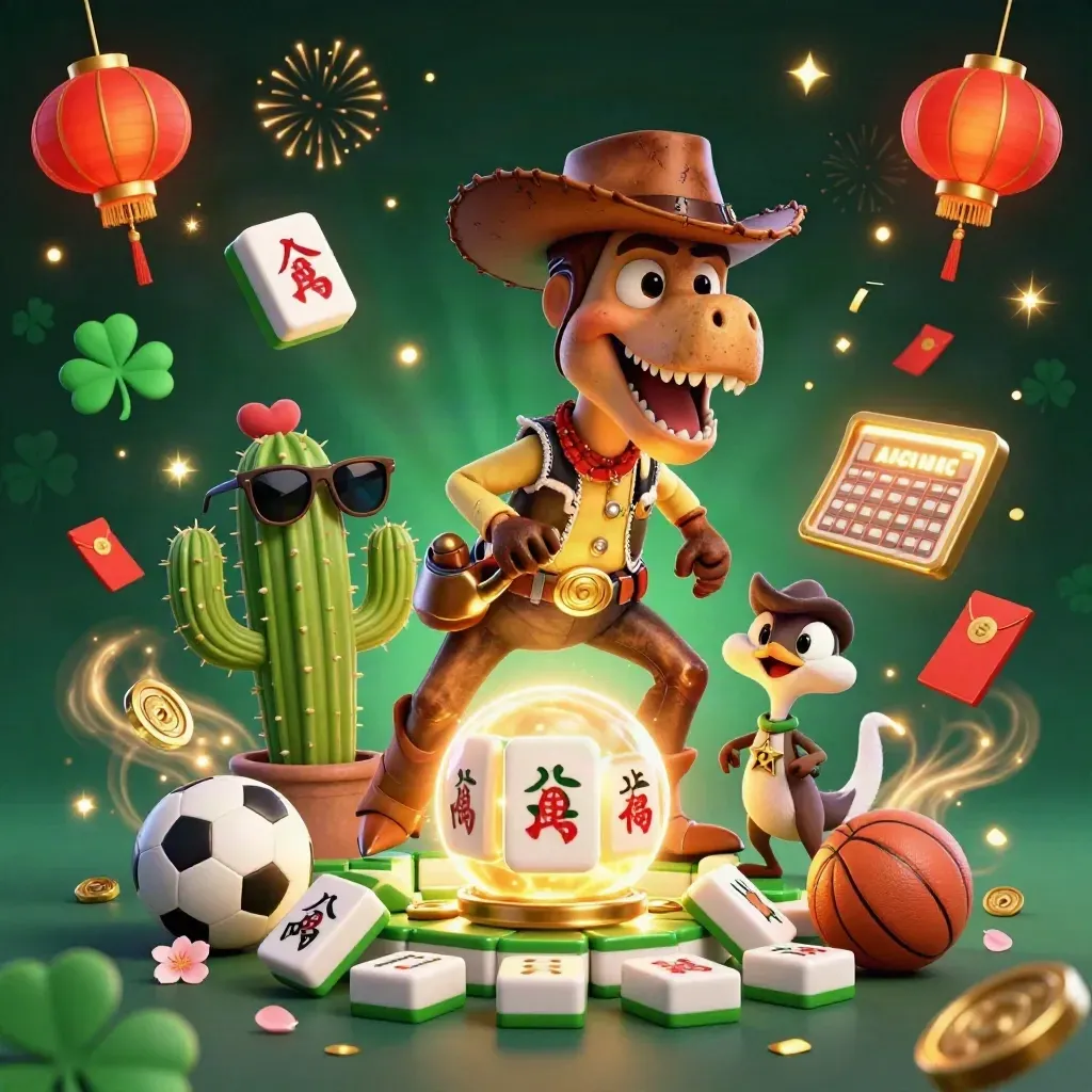 Cowboy T-Rex, cactus sidekick and roadrunner amid casino charms, coins and neon sparks.