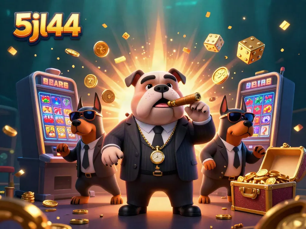 Engage in the excitement of 5jl44 with a vibrant illustration of a mafia boss bulldog and Doberman bodyguards amidst a jackpot explosion.