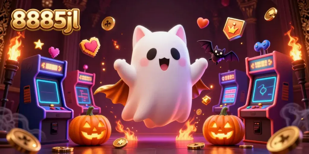 Experience thrilling play with 8885jl as dazzling ghost cat and companions explore a vibrant haunted casino atmosphere.