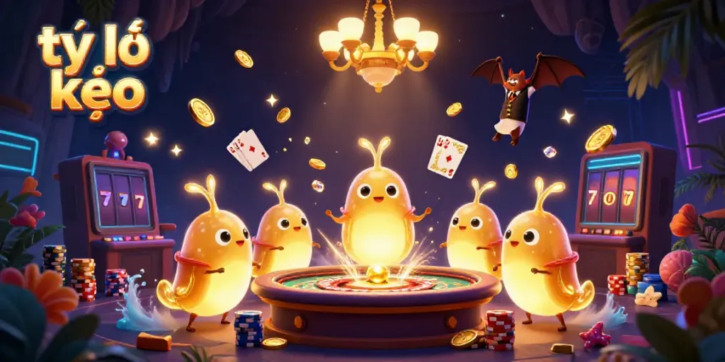 Experience the vibrant world of tỷ lệ kèo as glowworms illuminate a cave casino with dynamic gambling action.