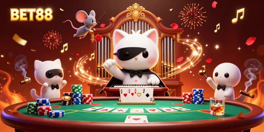 Engage with the vibrant BET88 casino scene featuring whimsical characters among poker elements and dazzling effects.