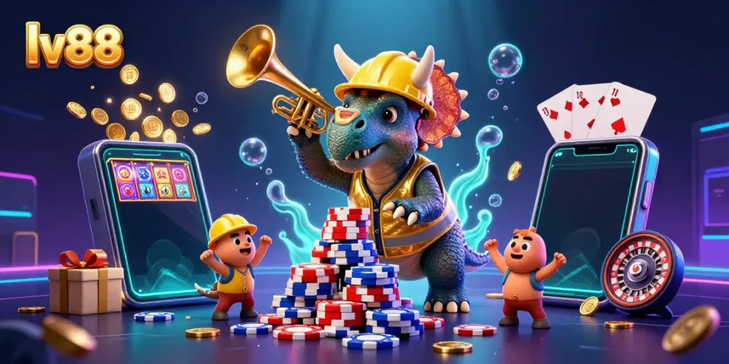Experience high-energy gaming with lv88 featuring vibrant illustrations of roulette, poker, and celebration.