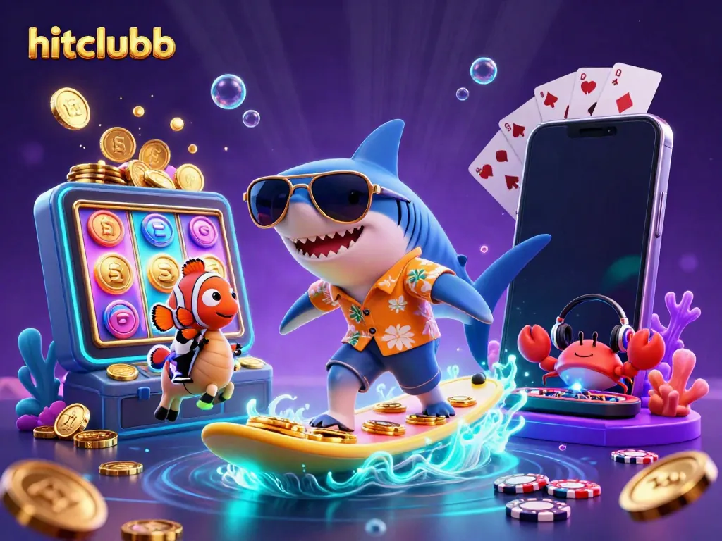 The hitclubb ocean scene features a shark surfing gold coins with a clownfish and crab DJ, depicting exciting gambling themes.