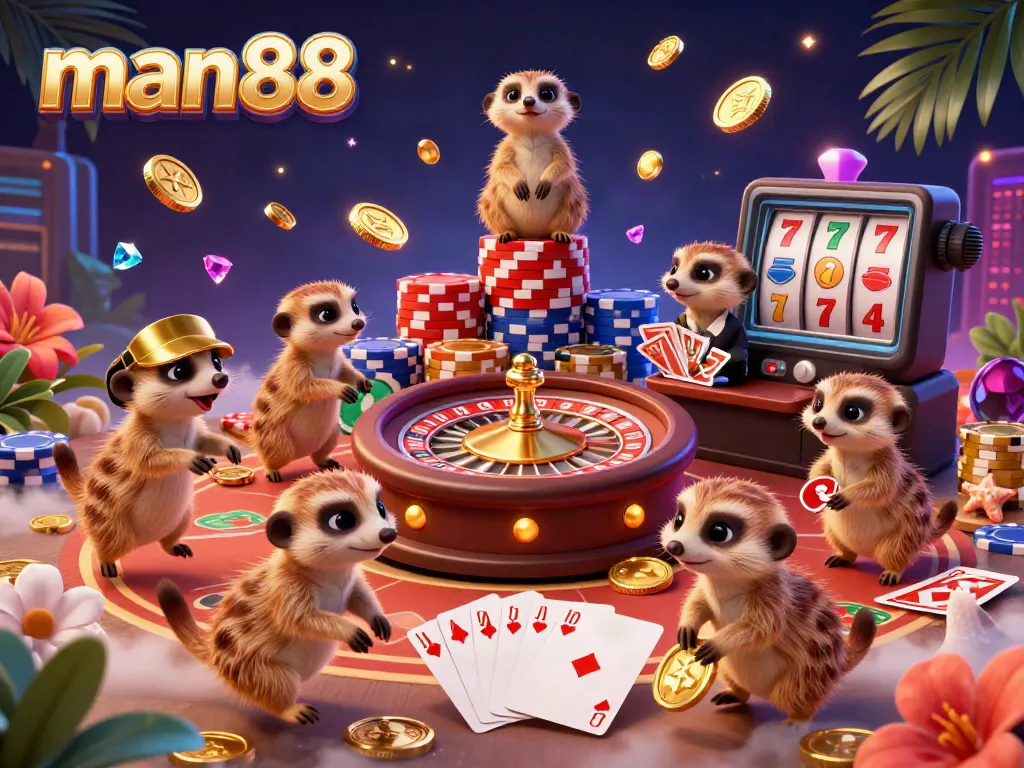 Experience the excitement of man88 casino with meerkats running games and winning chips in a vibrant 3D illustration.