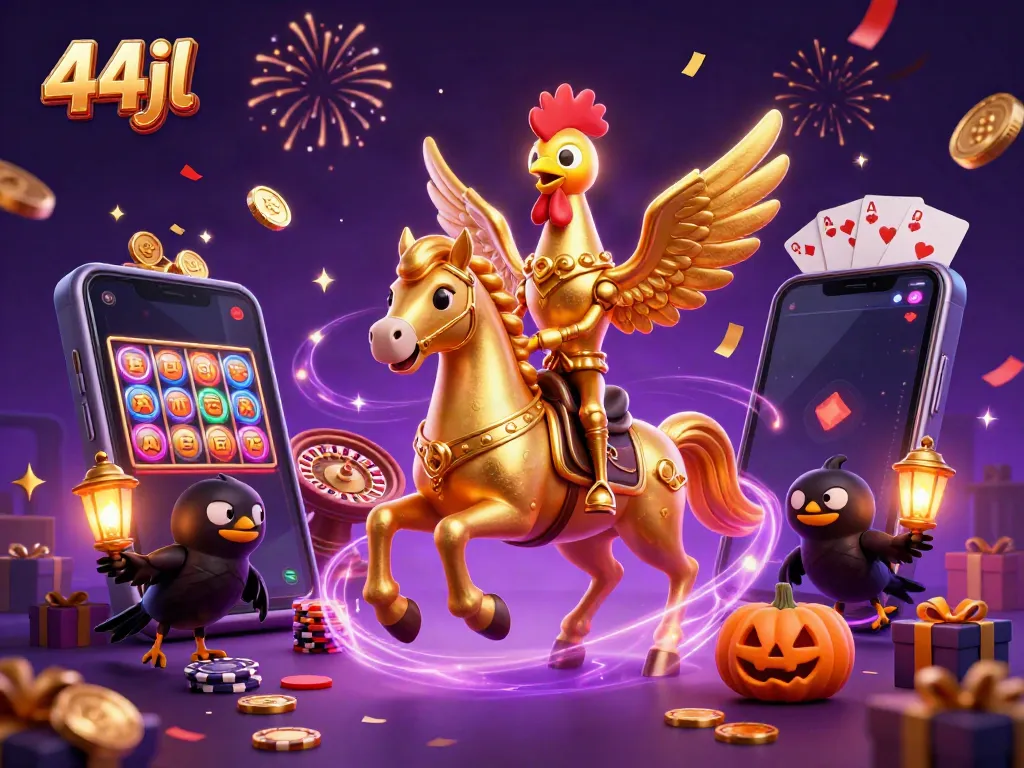 Engage in the vibrant casino experience with 44jl, featuring dynamic characters and festive slot elements.