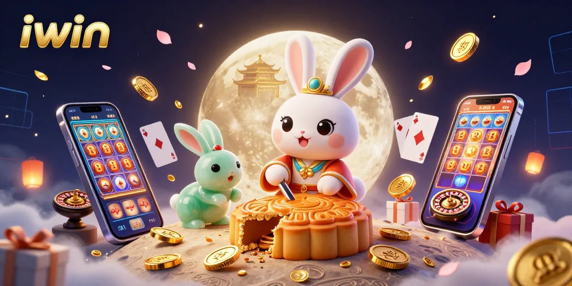 iwin illustration featuring a moon rabbit, poker chips, and vibrant casino elements for engaging gaming.