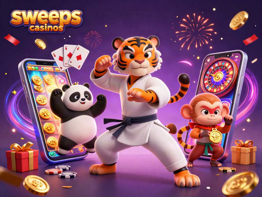 Sweeps casinos scene showcasing a kung fu tiger, panda, and monkey amidst vibrant casino elements.
