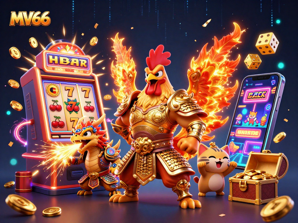 Experience jackpot excitement with MV66 featuring a golden rooster warrior and dragon hatchling.