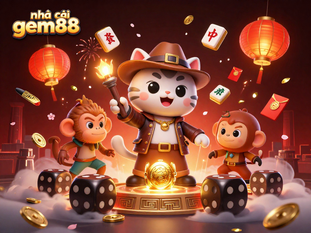 Experience the thrill of nhà cái gem88 with an adventurous archeologist cat discovering ancient casino artifacts in an enchanting temple.
