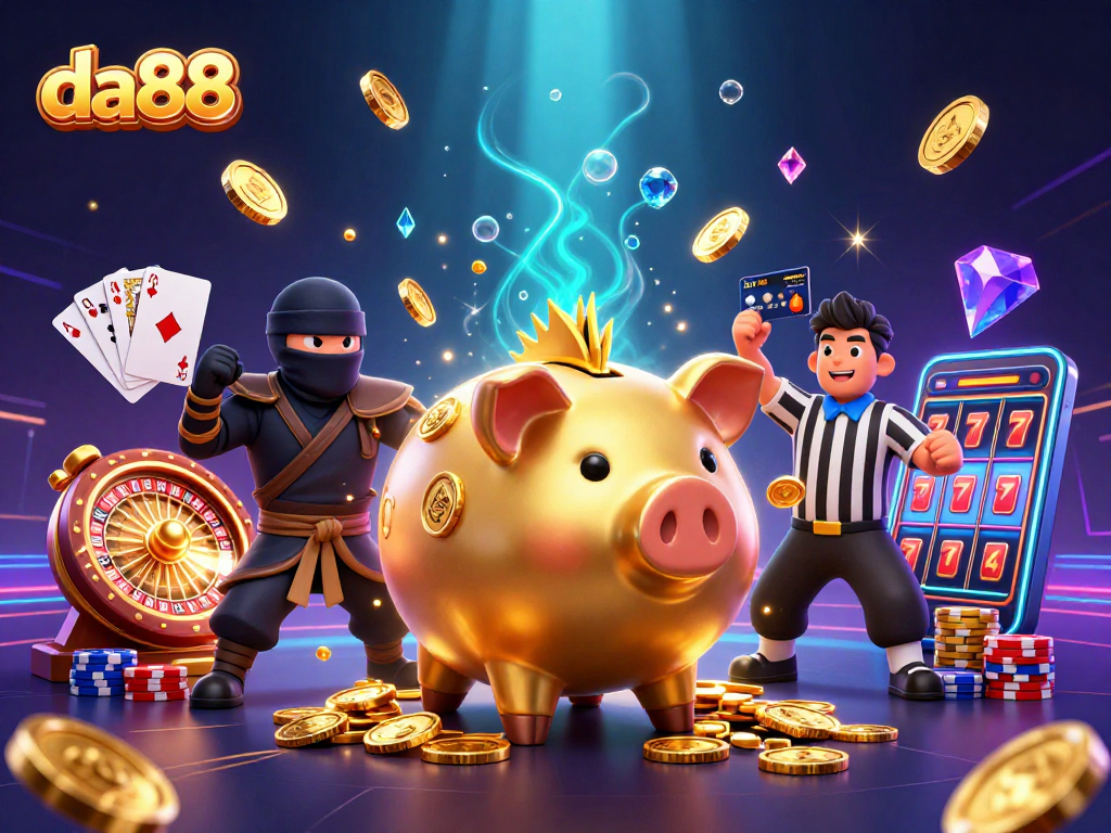 Experience exciting gameplay at da88 with a vibrant 3D casino illustration depicting dynamic characters and elements.