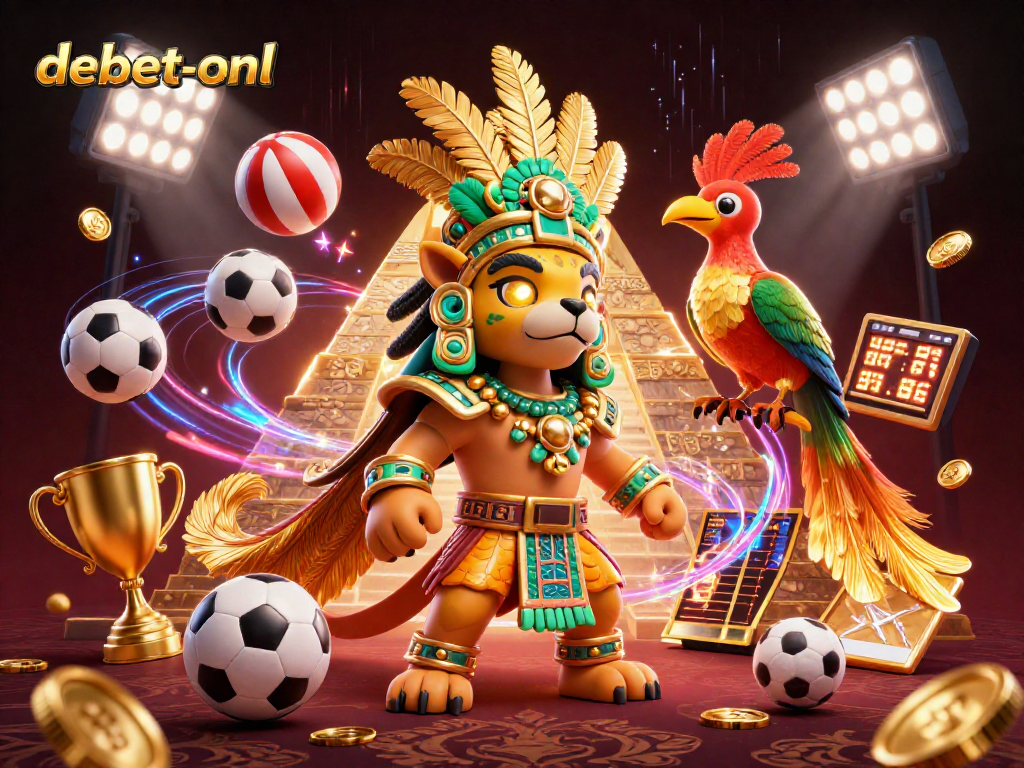 Engage with debet-onl's vibrant casino scene featuring a Mayan priest and dynamic sports elements.