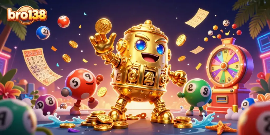 Experience exhilarating wins with bro138's animated golden golem and dynamic lottery elements in action.