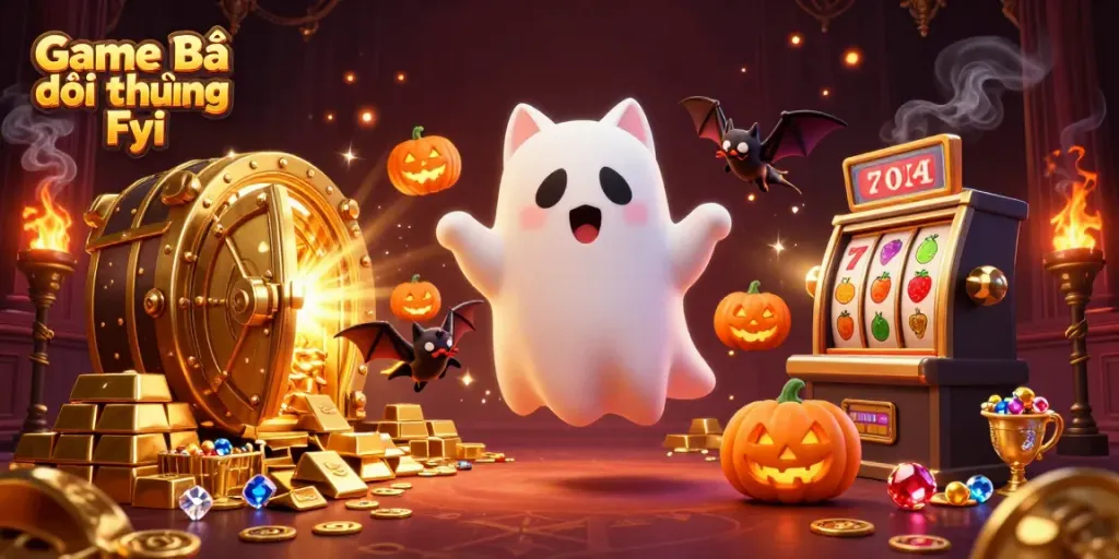 Engaging scene of Game Bài Đổi Thưởng Fyi with a friendly ghost cat and treasure elements in a haunted casino.
