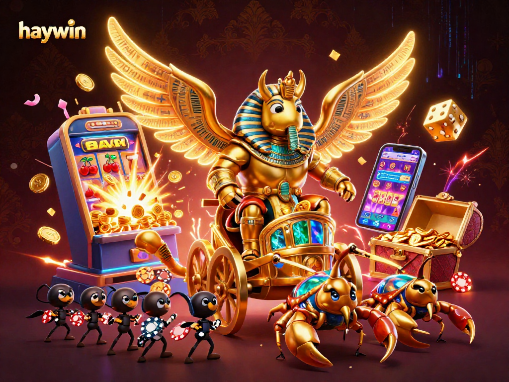 Haywin's exciting casino experience shown with a golden scarab chariot amidst a jackpot explosion.