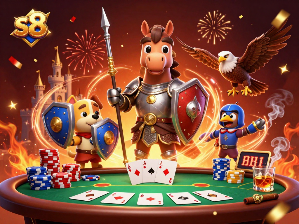 Bet big at s8 with this thrilling 3D casino scene showing knights and poker excitement!