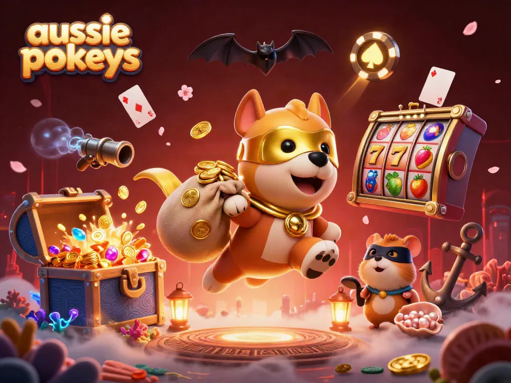 Aussie pokies illustrated with bright slot reels, a superhero dog, and shimmering treasures.